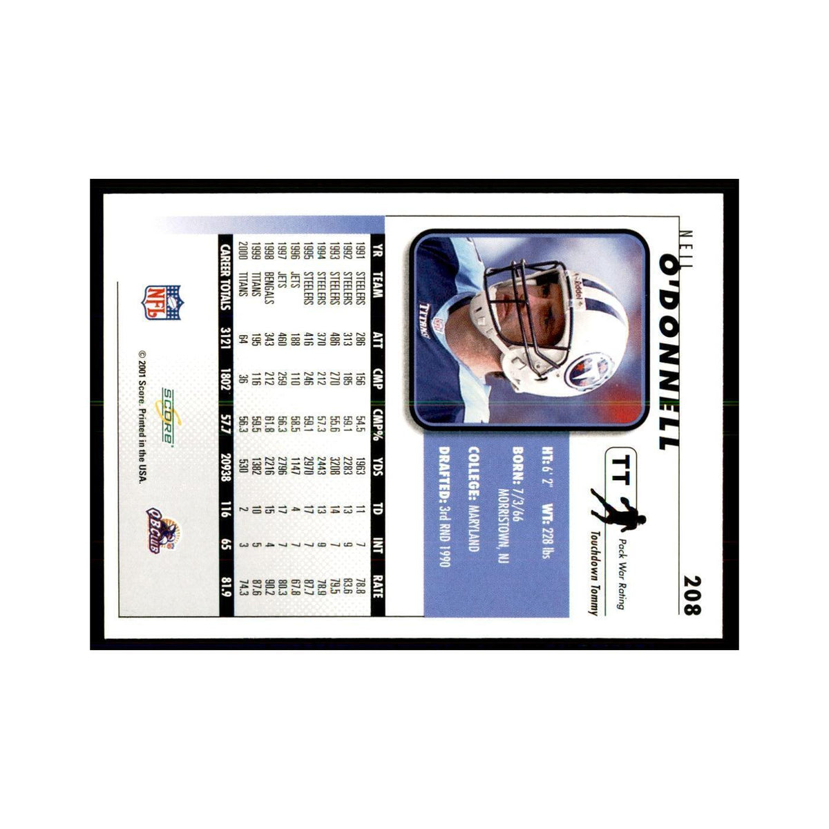 Neil O'Donnell 2001 Score #208 Football Card NM
