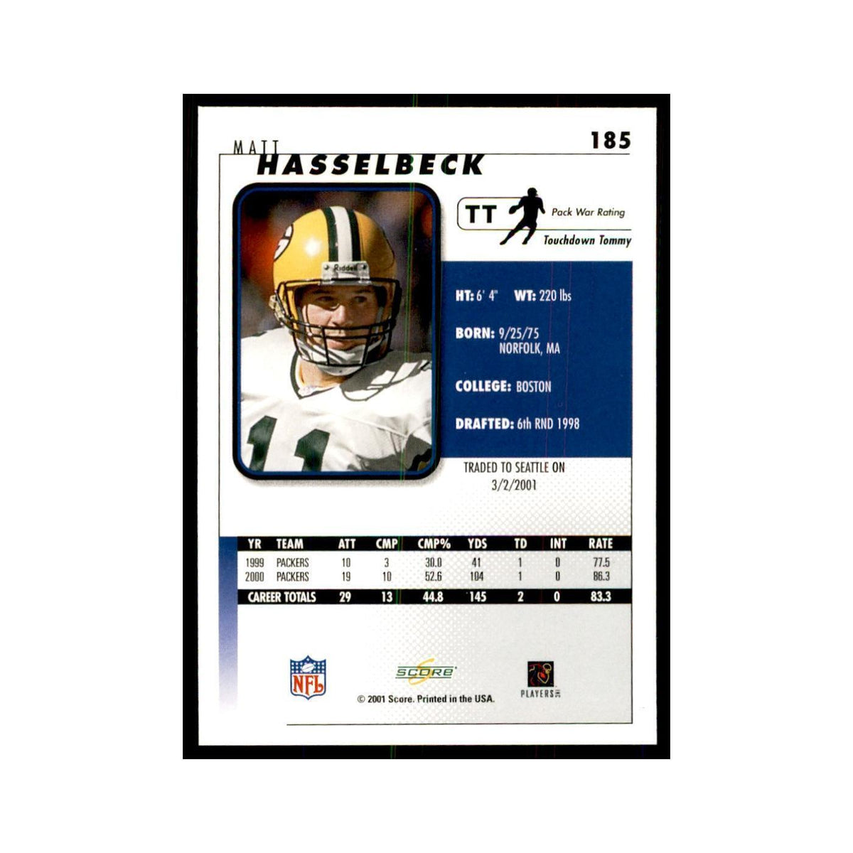 Matt Hasselbeck 2001 Score #185 Football Card NM