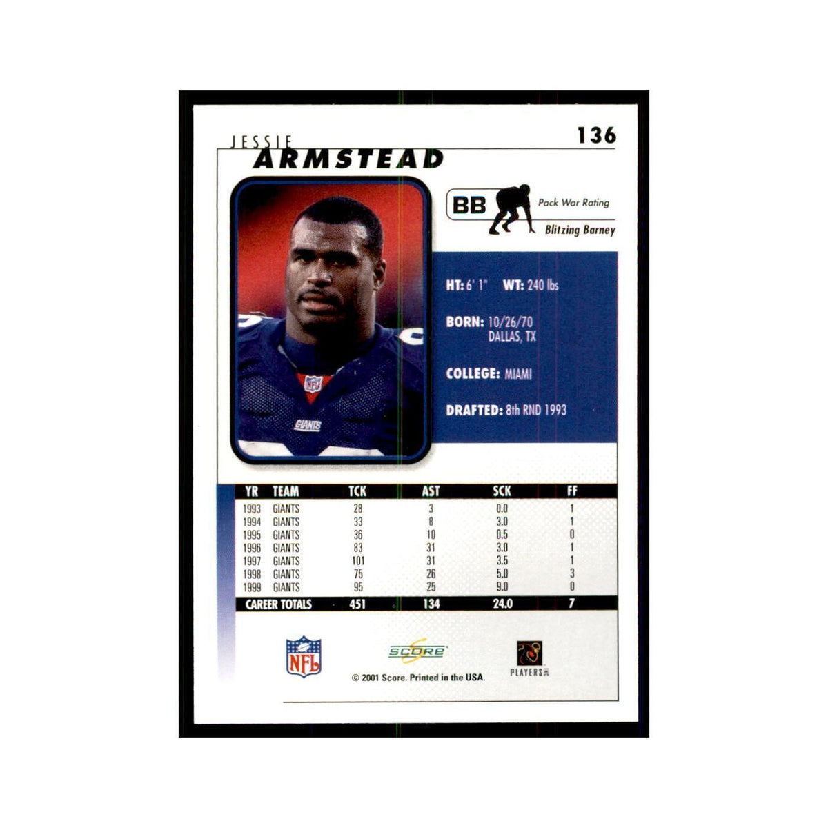 Jessie Armstead 2001 Score #136 Football Card NM