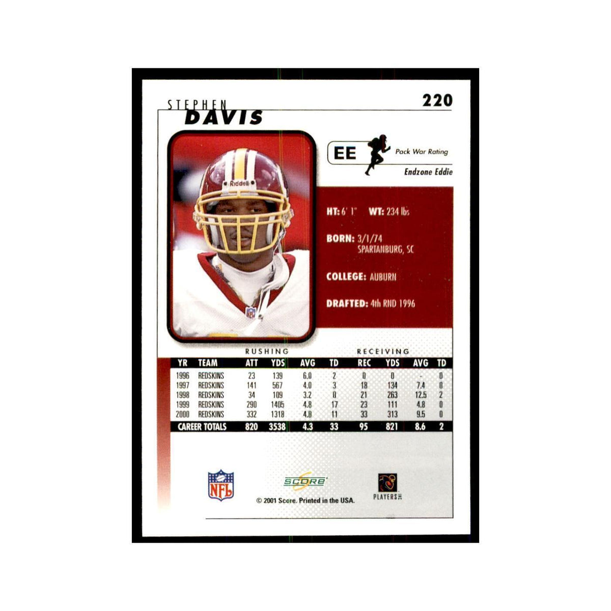 Stephen Davis 2001 Score #220 Football Cards Football Card NM