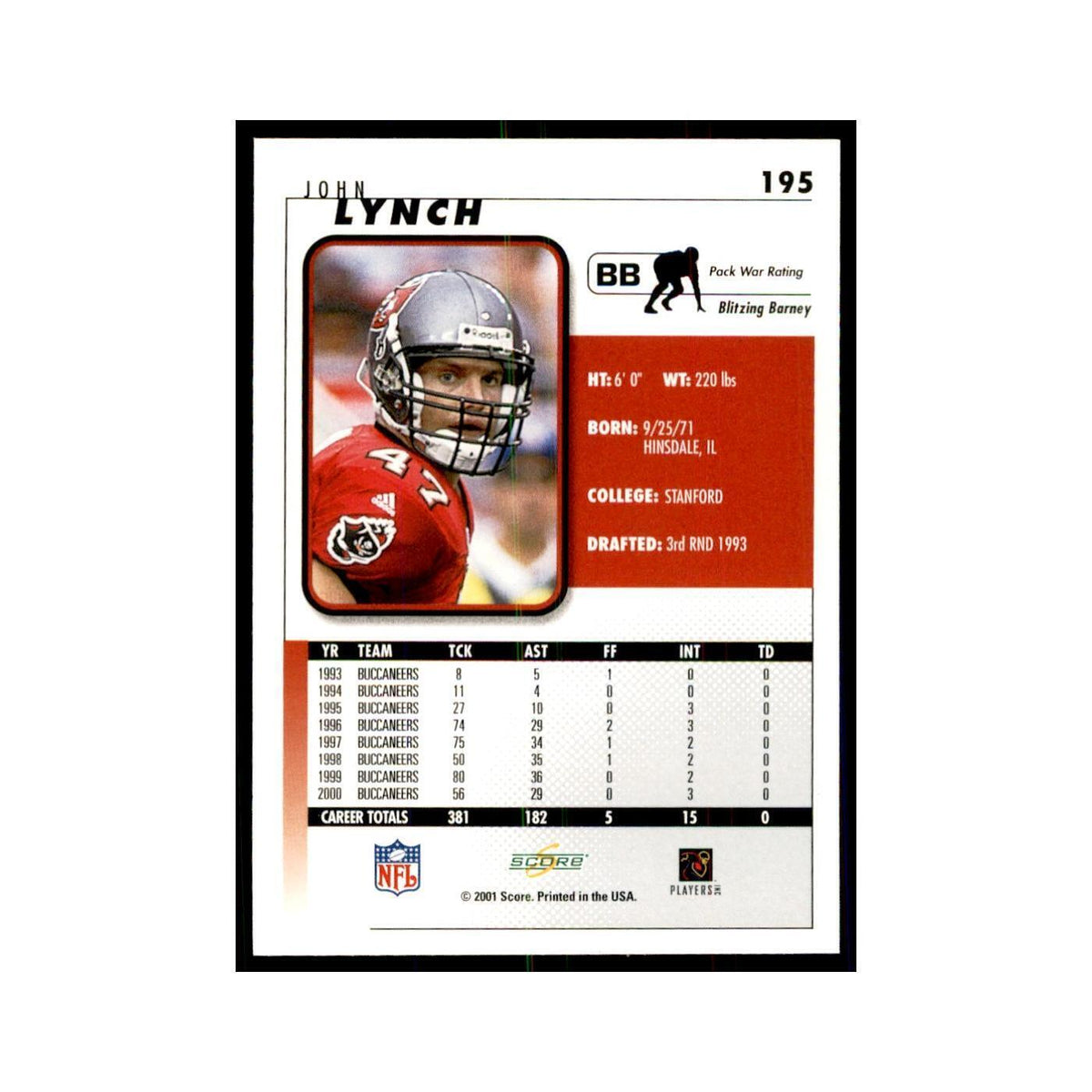 John Lynch 2001 Score #195 Football Cards Football Card NM