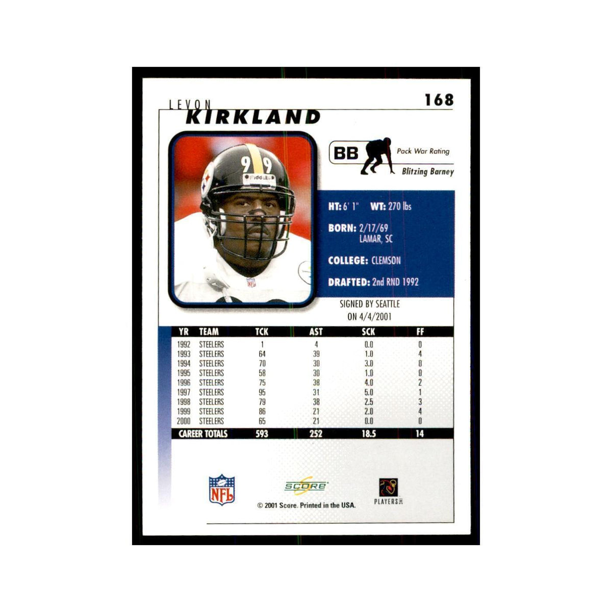 Levon Kirkland 2001 Score #168 Football Card NM