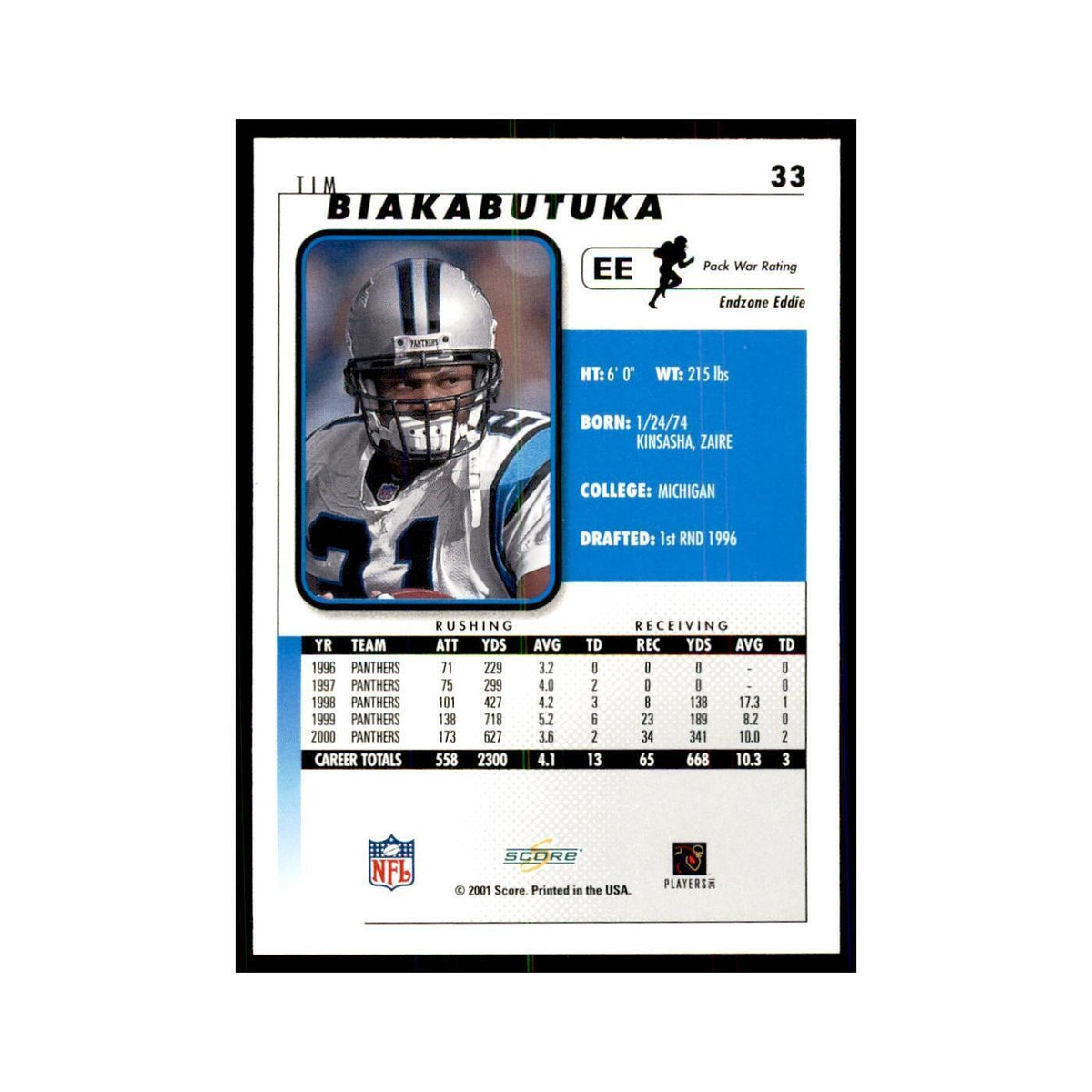 Tim Biakabutuka 2001 Score #33  NM