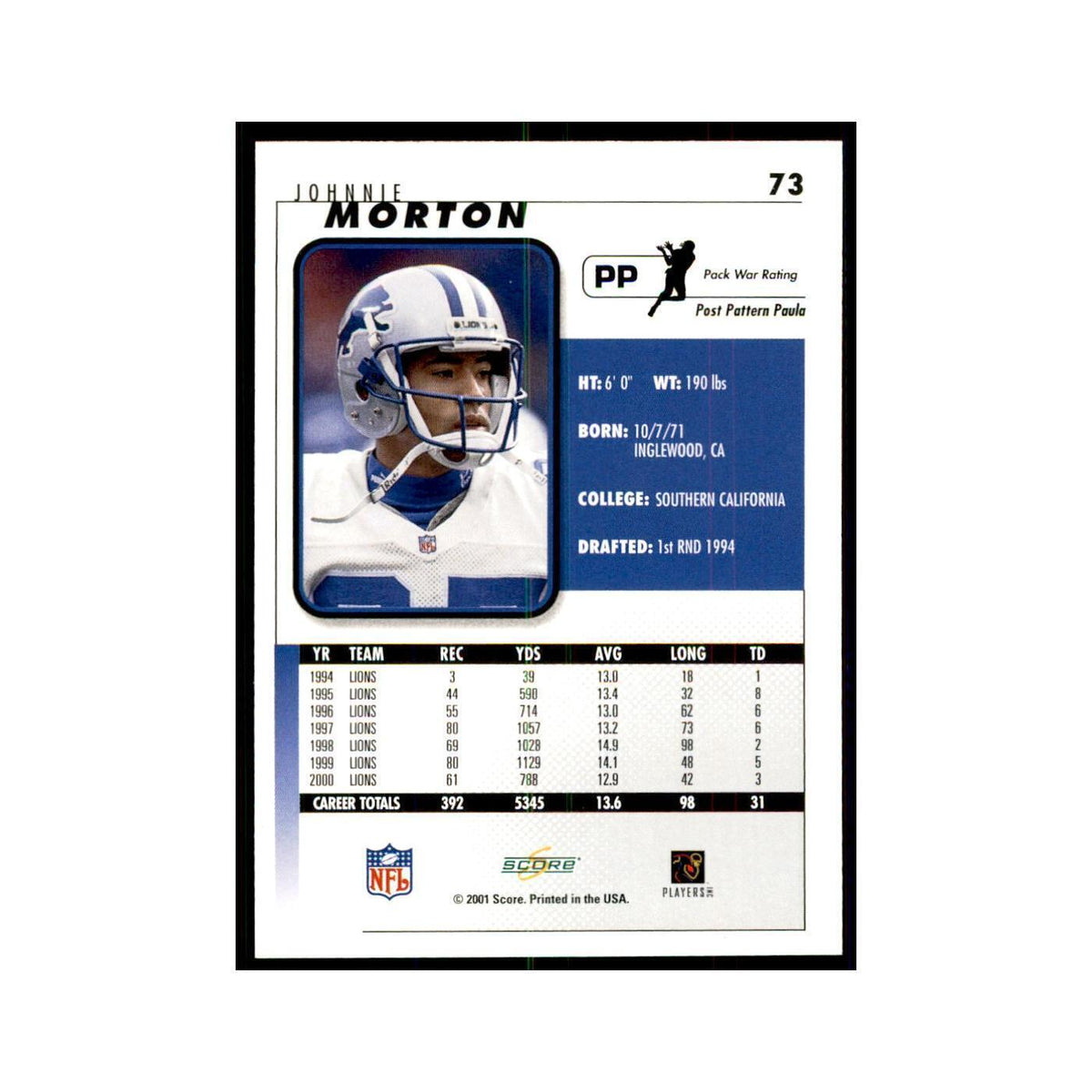 Johnnie Morton 2001 Score #73 Football Card NM