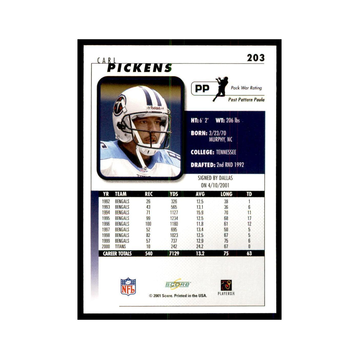 Carl Pickens 2001 Score #203 Football Cards Football Card NM