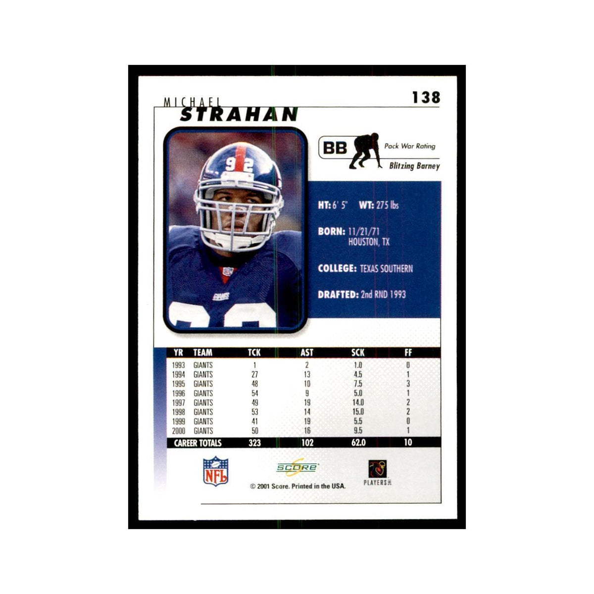 Michael Strahan 2001 Score #138 Football Card NM
