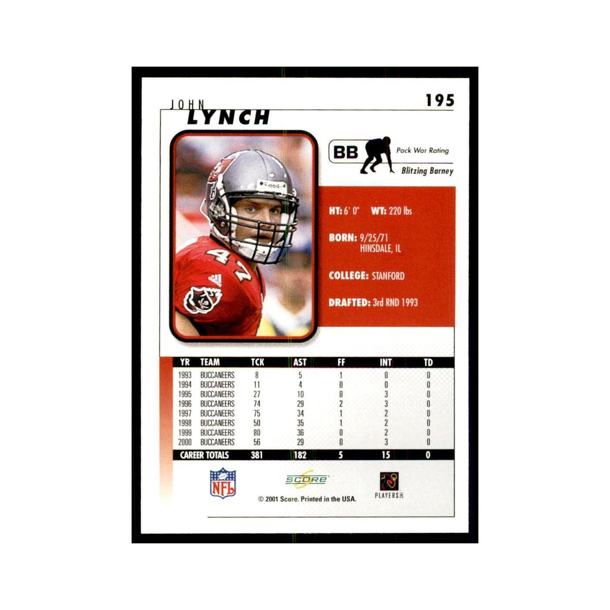 John Lynch 2001 Score #195 Football Card NM