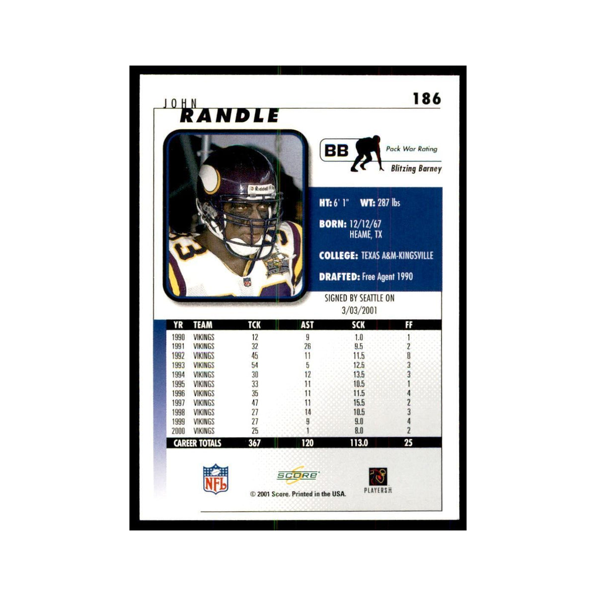 John Randle 2001 Score #186 Football Card NM