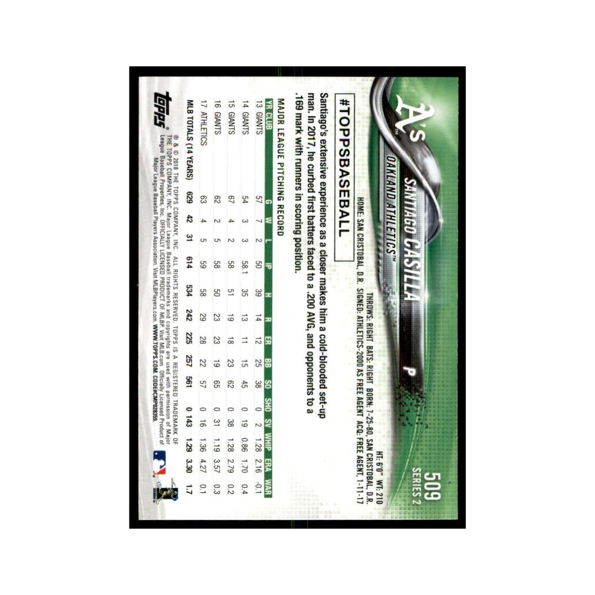 Santiago Casilla 2018 Topps #509 Oakland Athletics Baseball Card NM
