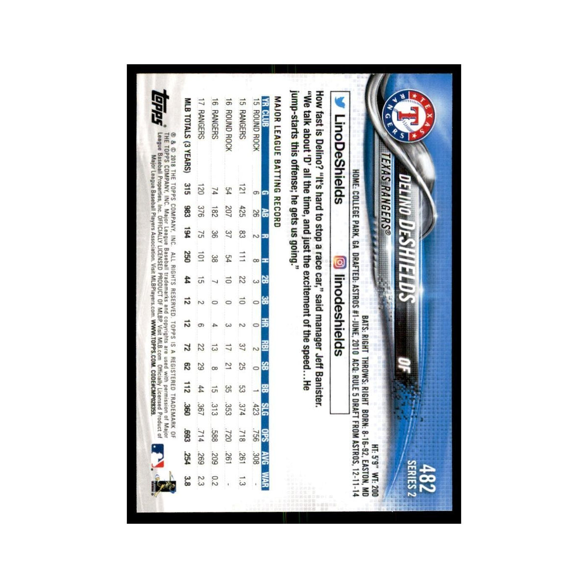 Delino DeShields 2018 Topps #482 Texas Rangers Baseball Card NM