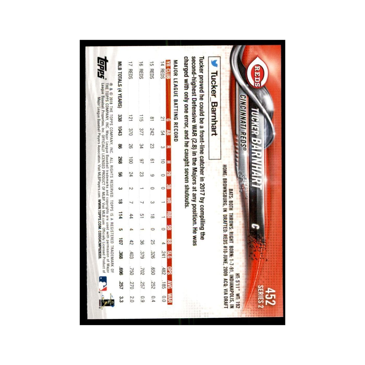 Tucker Barnhart 2018 Topps #452 Cincinnati Reds Baseball Card NM
