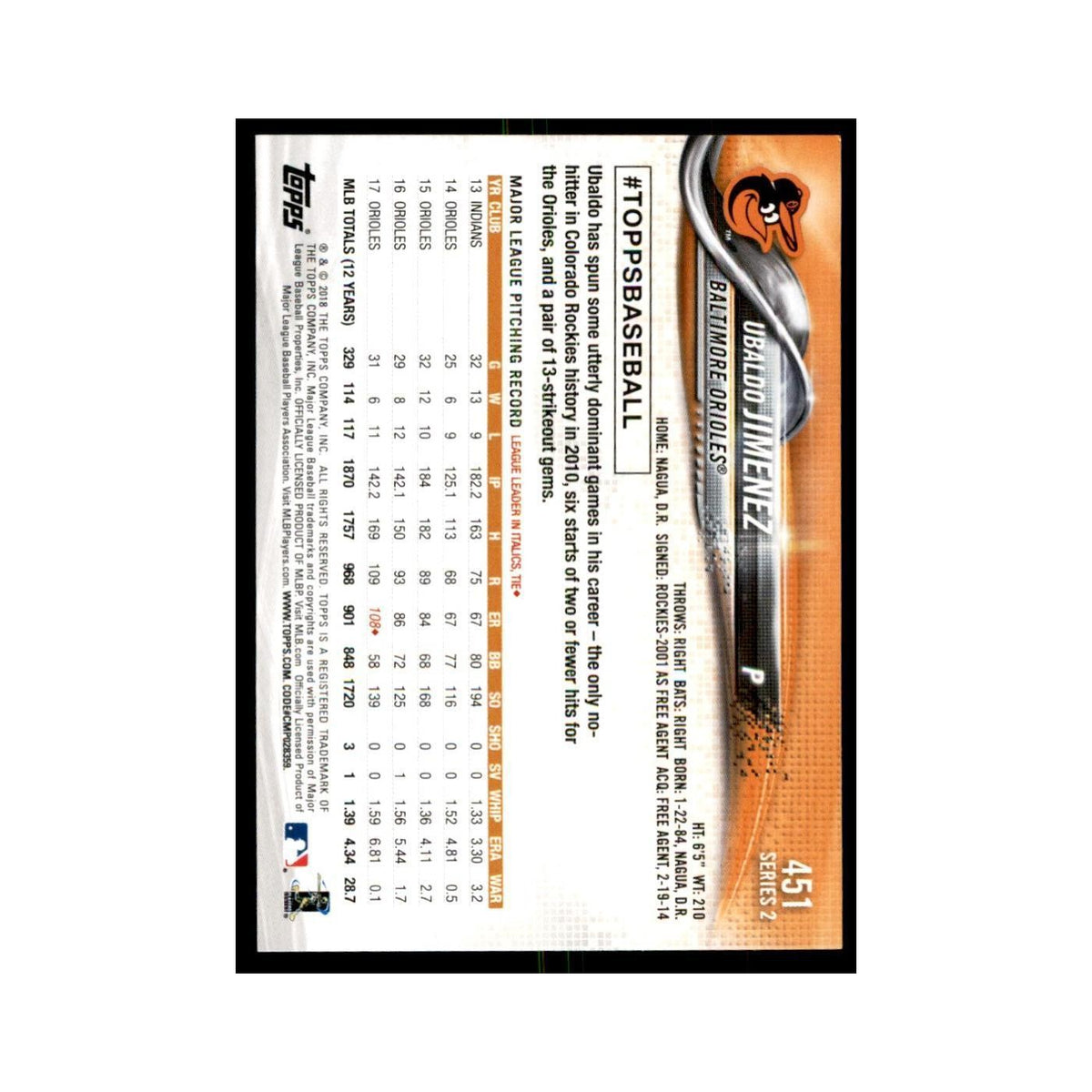 Ubaldo Jimenez 2018 Topps #451 Baltimore Orioles Baseball Card NM