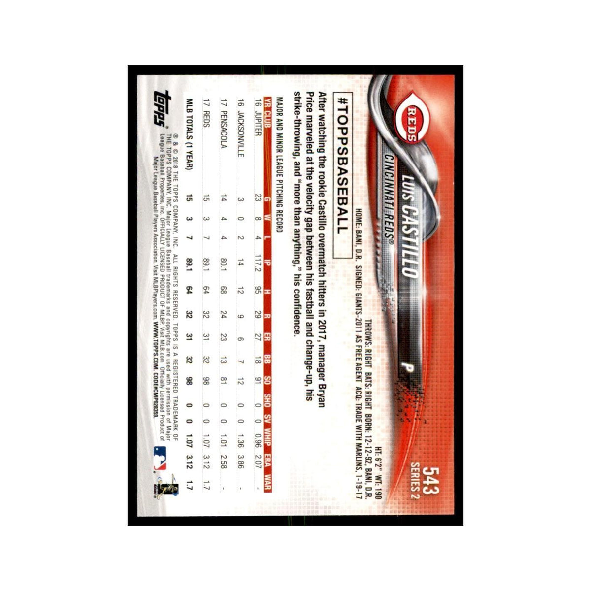 Luis Castillo 2018 Topps #543 Cincinnati Reds Baseball Card NM