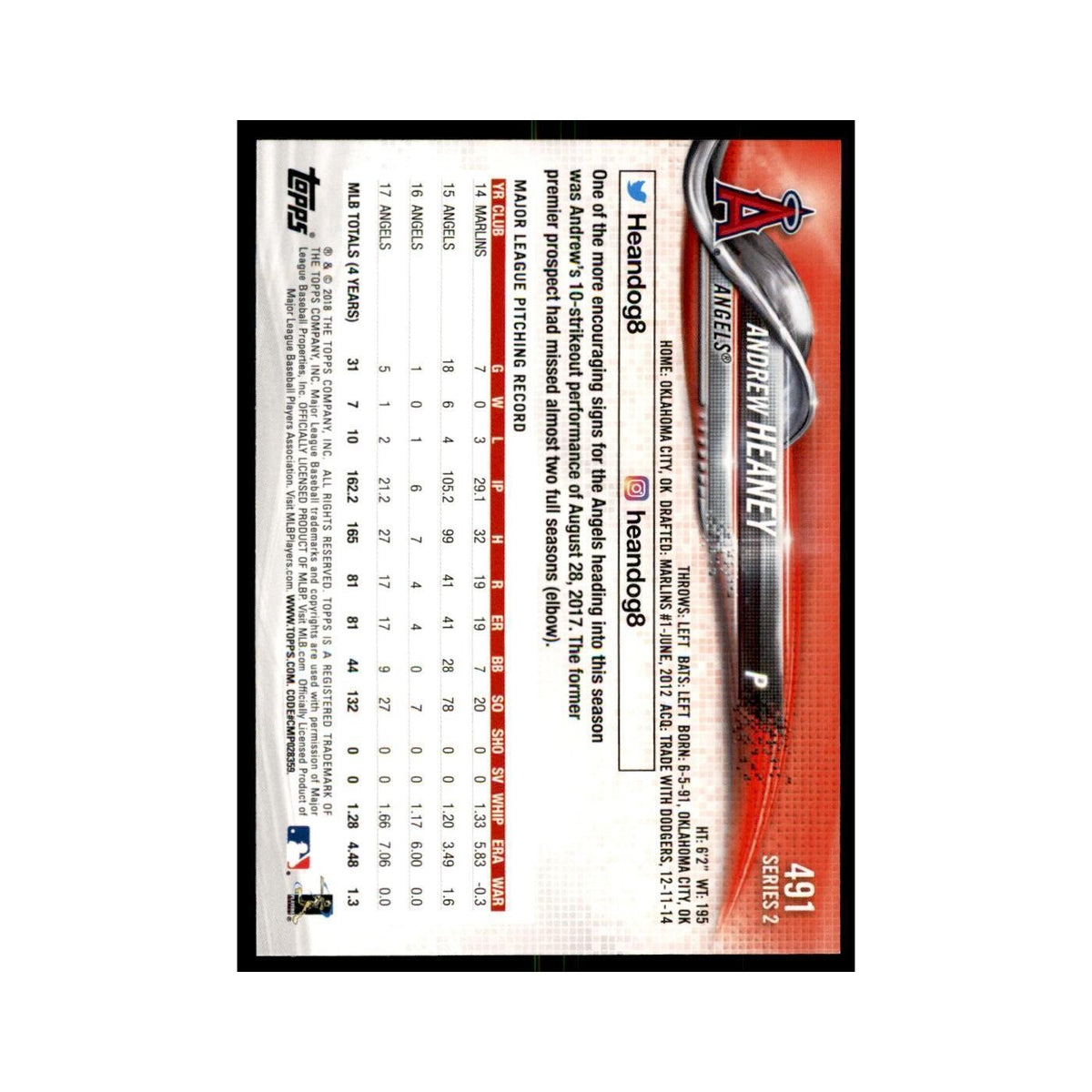 Andrew Heaney 2018 Topps #491 Los Angeles Angels Baseball Card NM