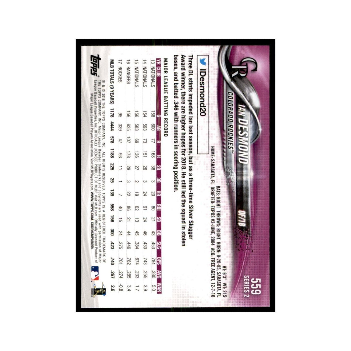 Ian Desmond 2018 Topps #559 Colorado Rockies Baseball Card NM