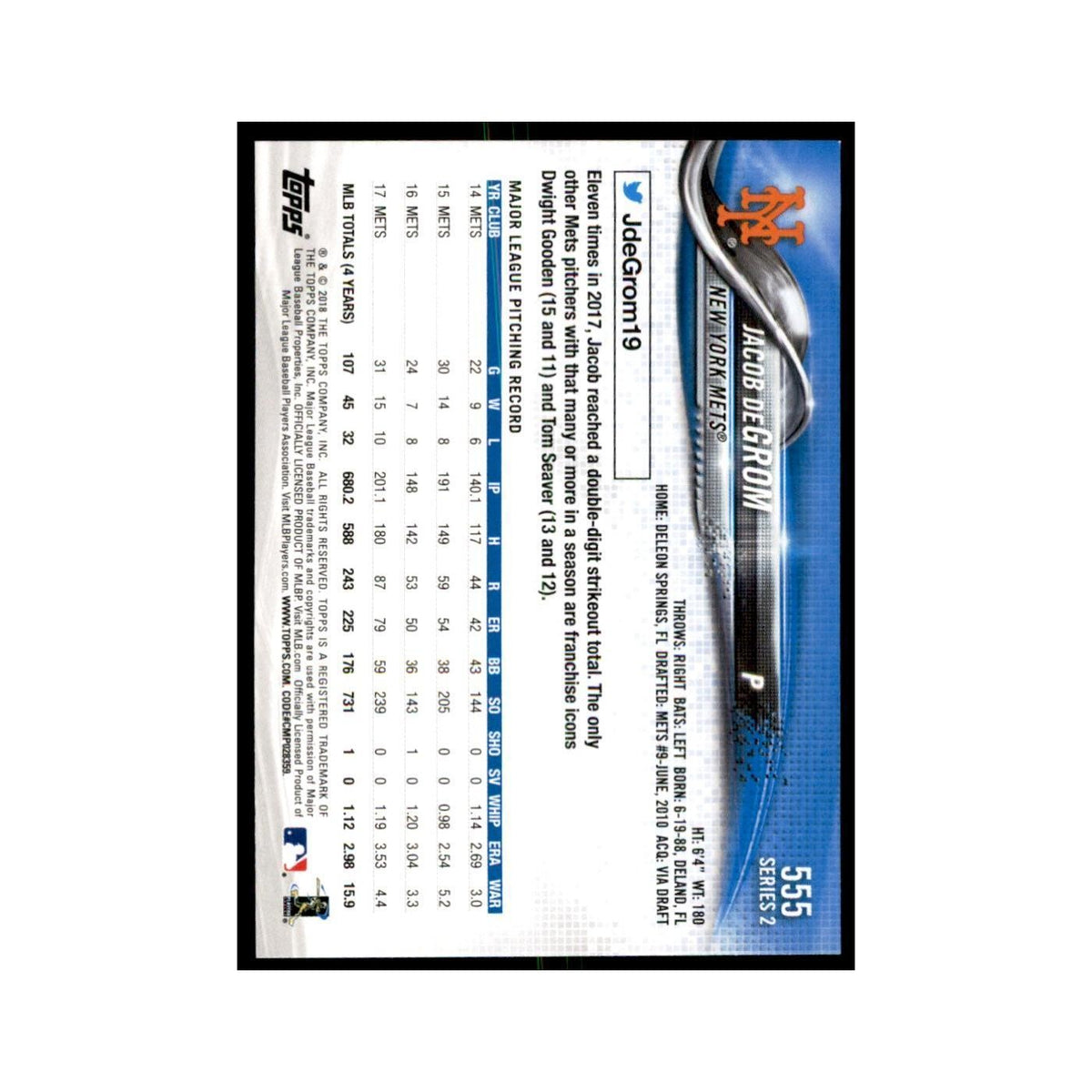 Jacob deGrom 2018 Topps #555 New York Mets Baseball Card NM