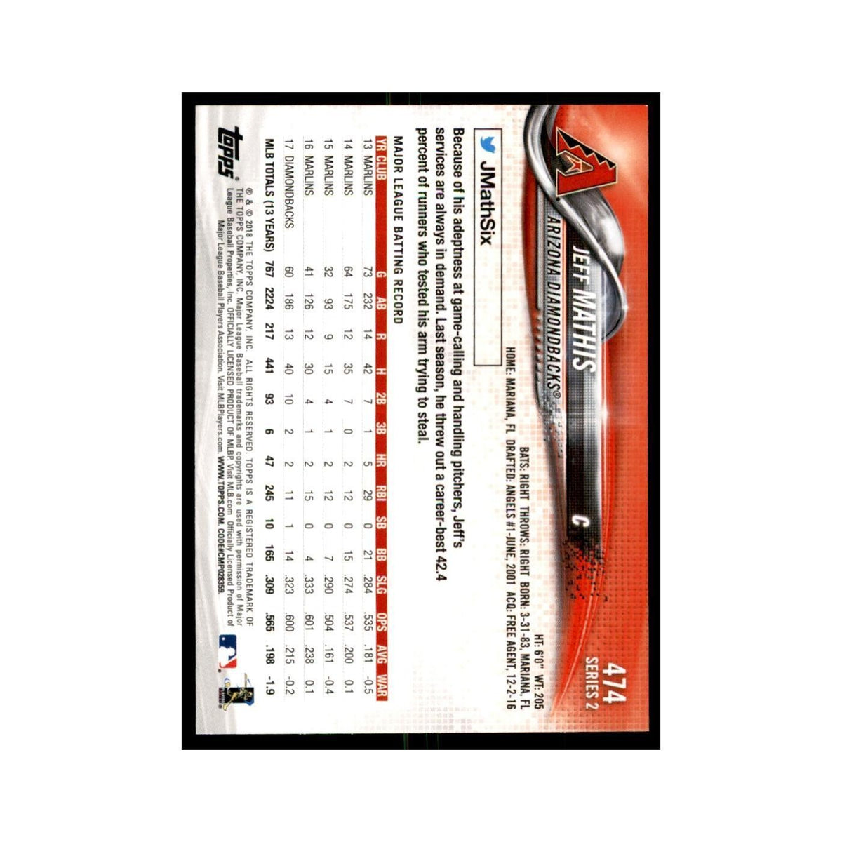 Jeff Mathis 2018 Topps #474 Arizona Diamondbacks Baseball Card NM