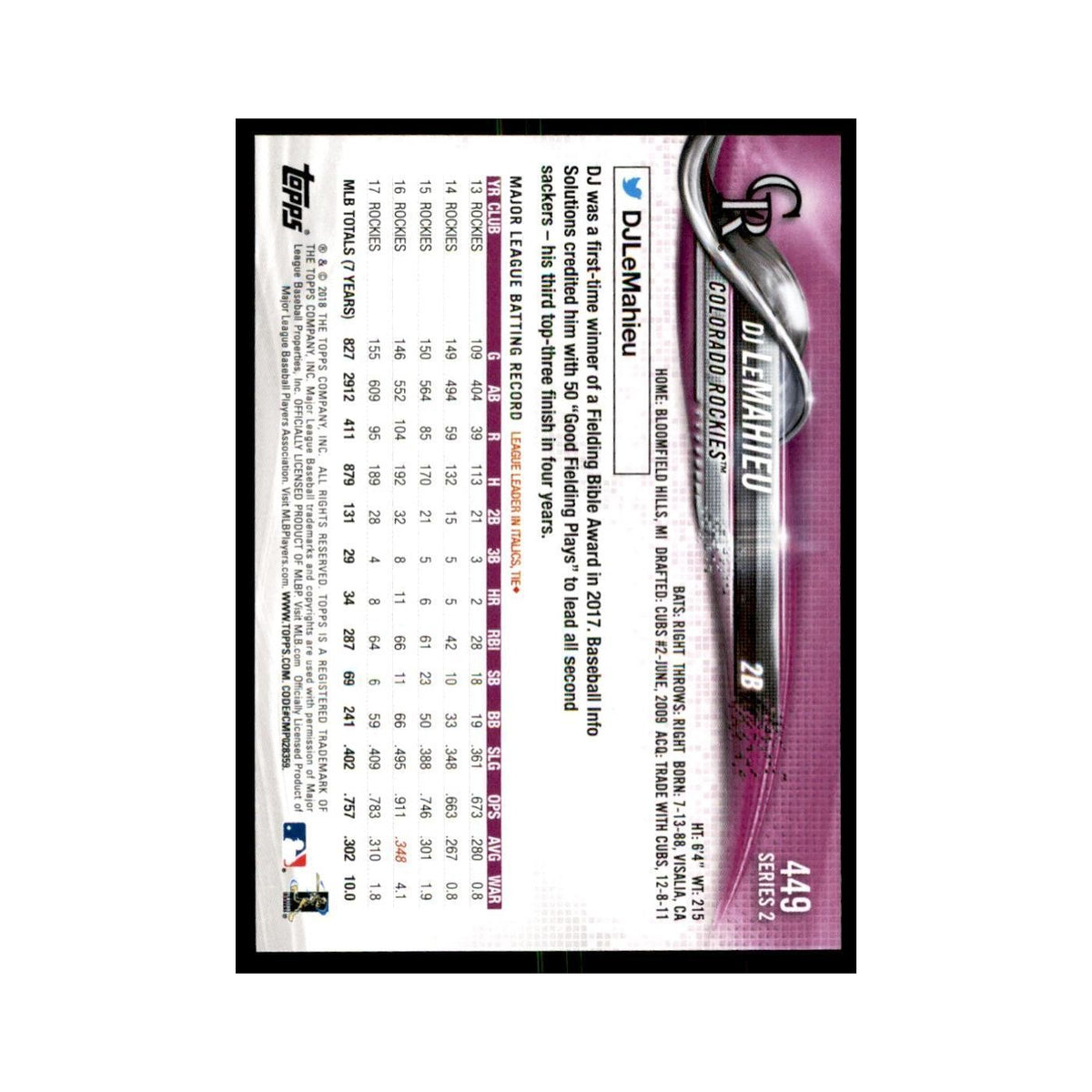 DJ LeMahieu 2018 Topps #449 Colorado Rockies Baseball Card NM