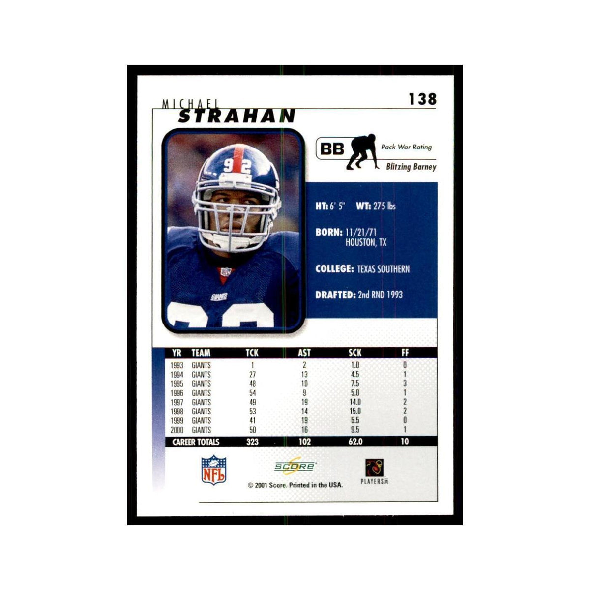 Michael Strahan 2001 Score #138 Football Card NM