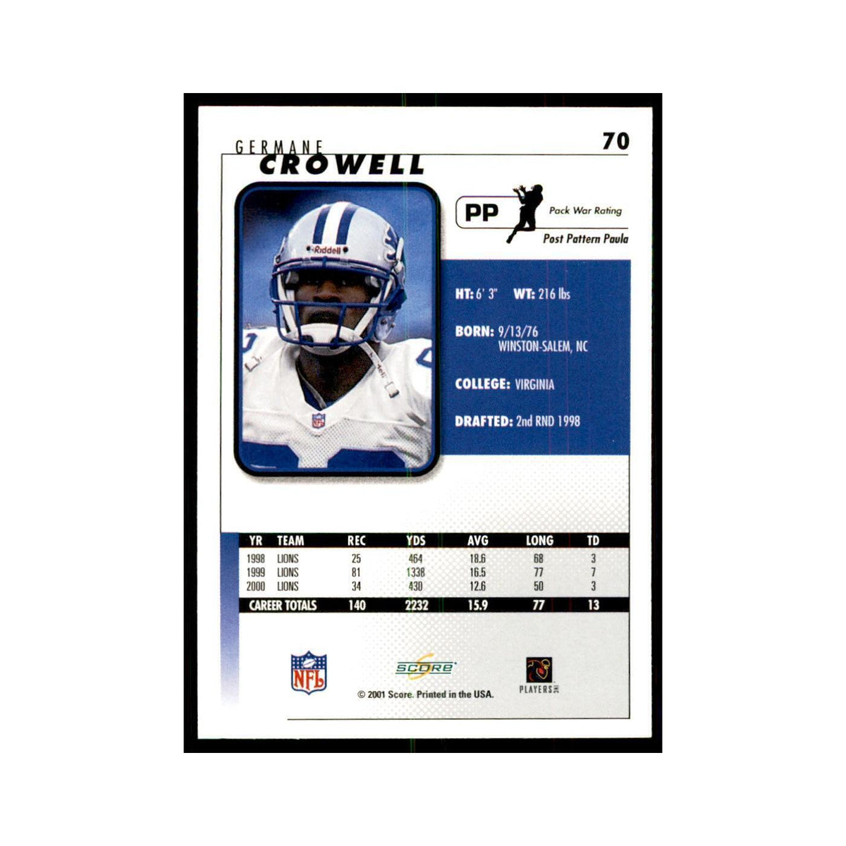 Germane Crowell 2001 Score #70 Football Cards Football Card NM