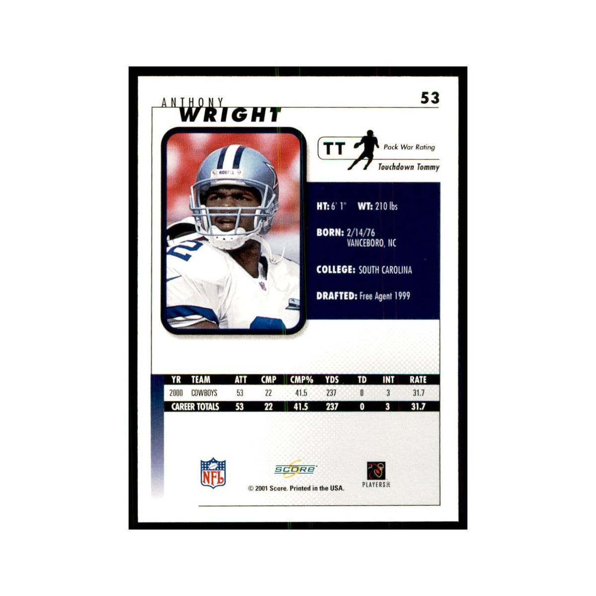 Anthony Wright 2001 Score #53 Football Cards Football Card NM