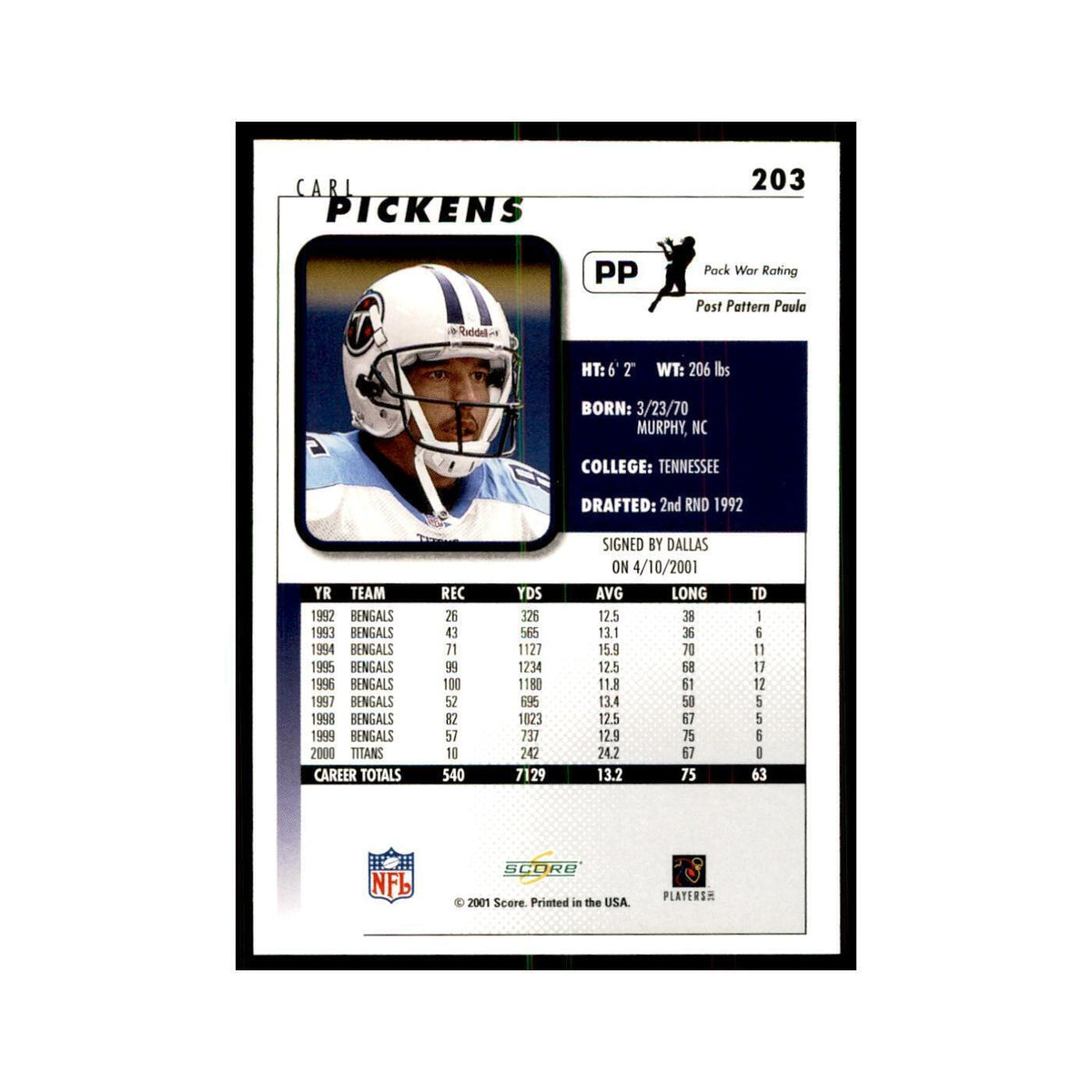 Carl Pickens 2001 Score #203 Football Cards Football Card NM