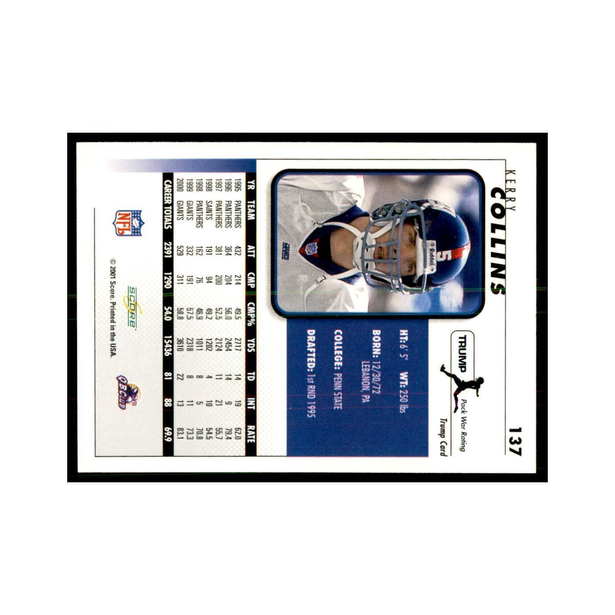Kerry Collins 2001 Score #137 Football Cards Football Card NM