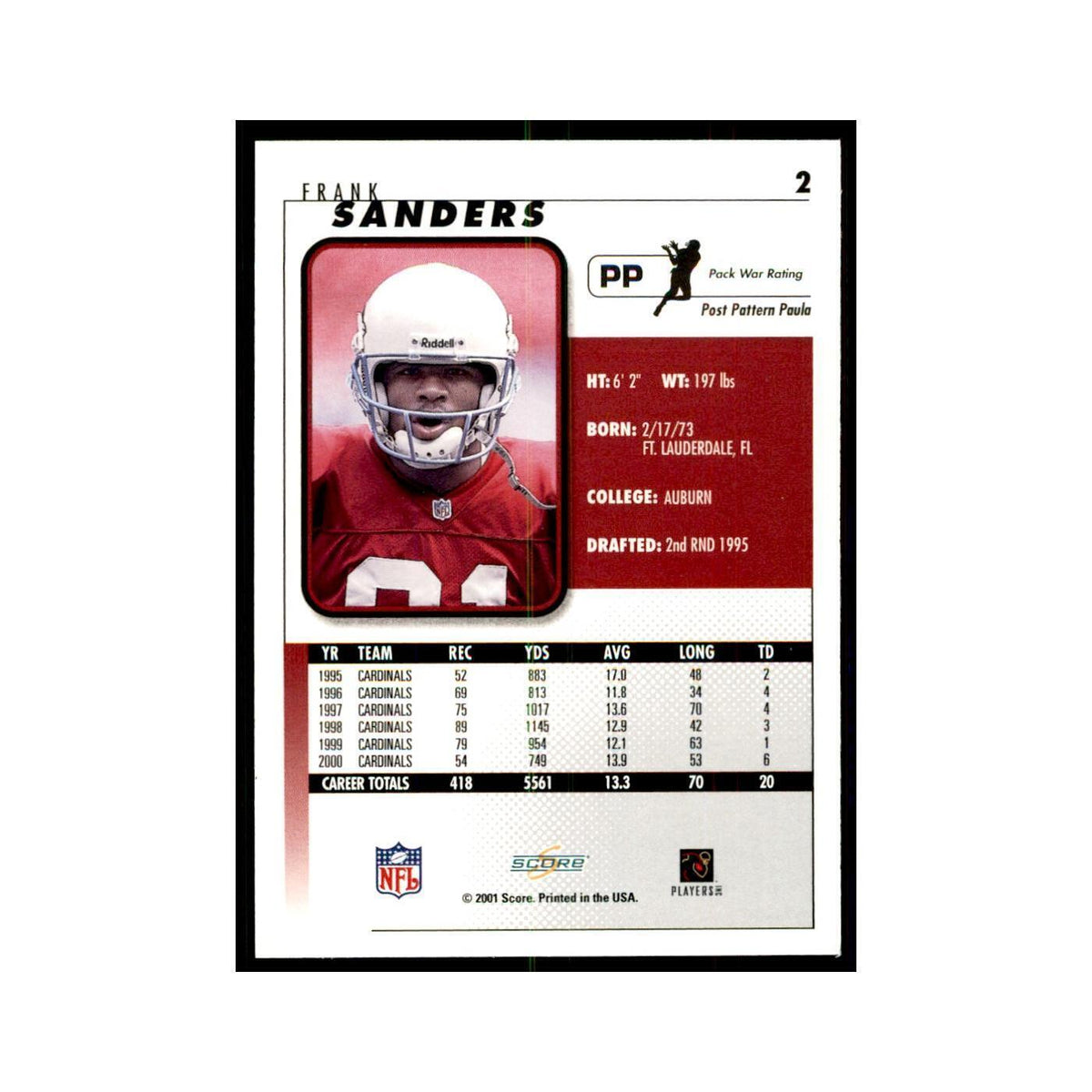 Frank Sanders 2001 Score #2 Football Card NM