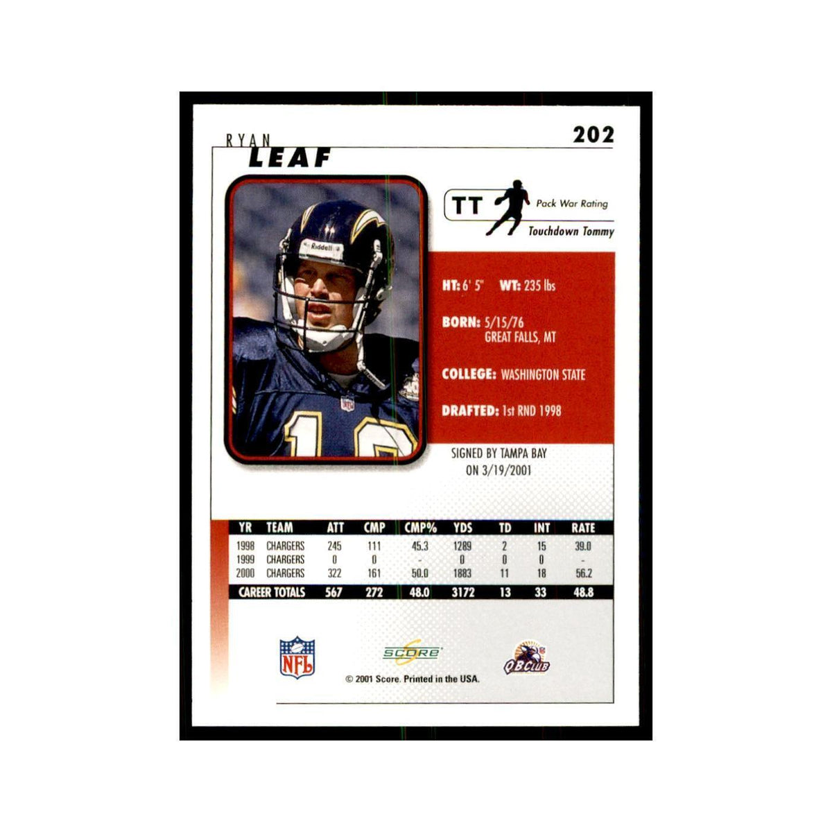 Ryan Leaf 2001 Score #202 Football Cards Football Card NM
