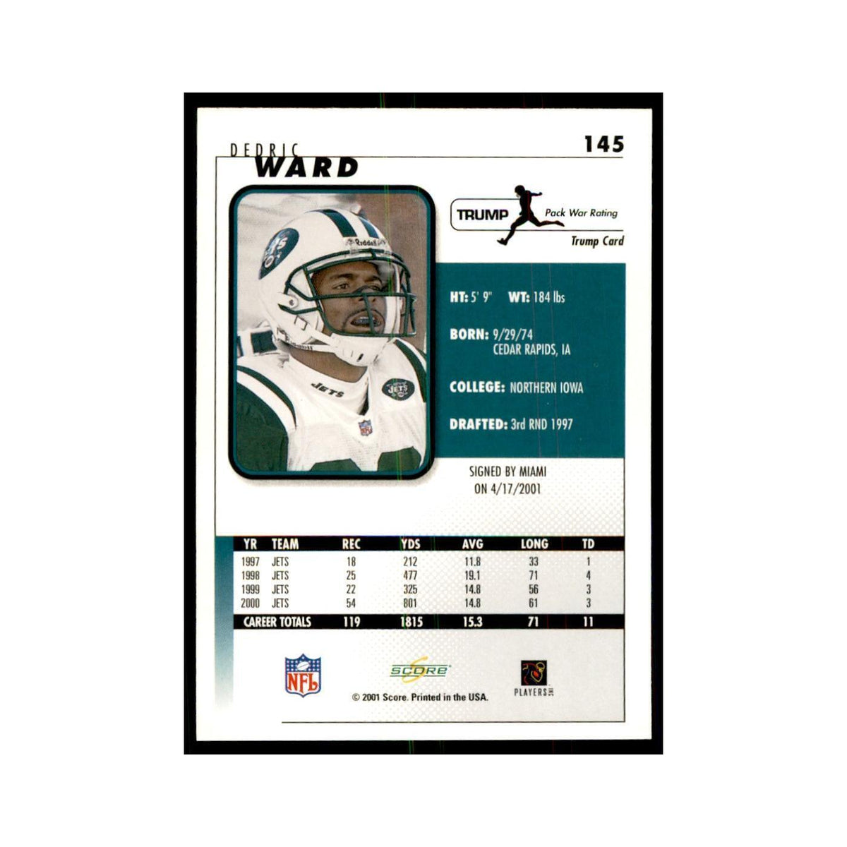 Dedric Ward 2001 Score #145 Football Cards Football Card NM