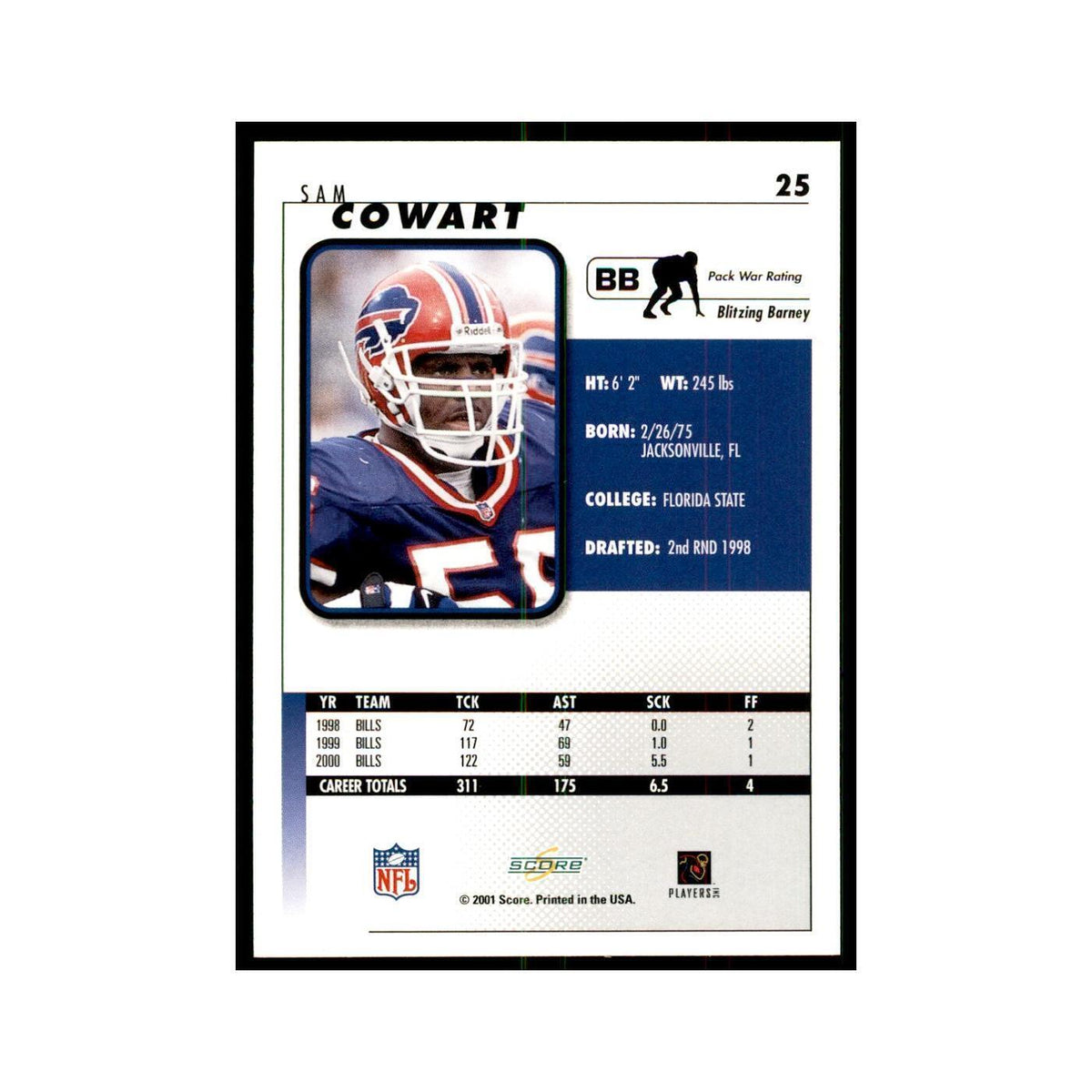 Sam Cowart 2001 Score #25 Football Cards Football Card NM