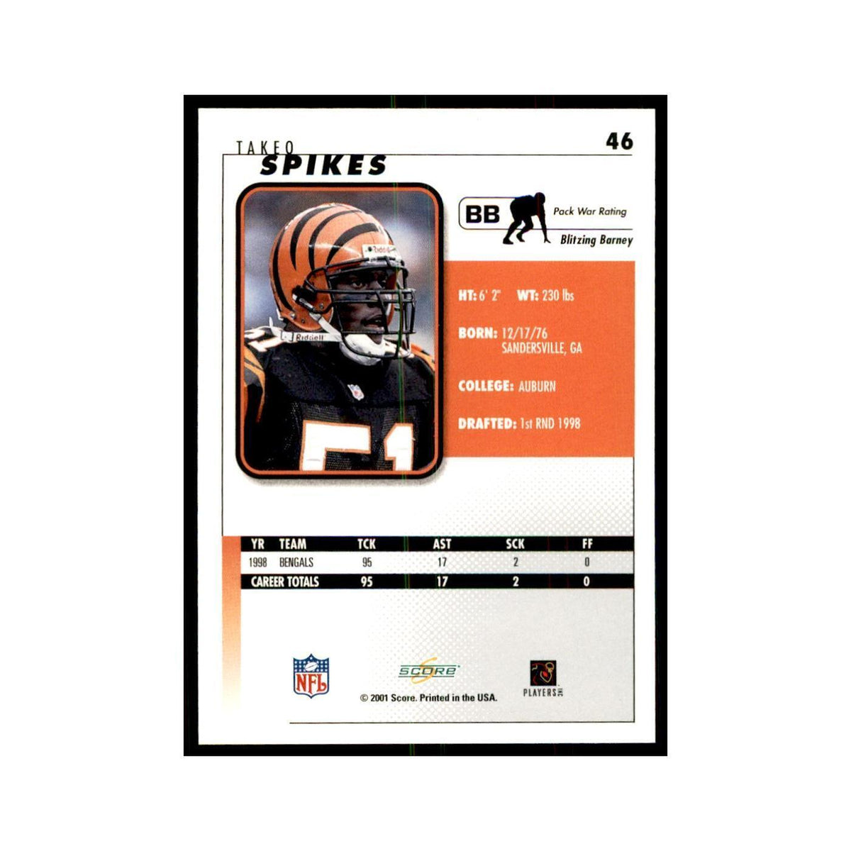 Takeo Spikes 2001 Score #46 Football Cards Football Card NM