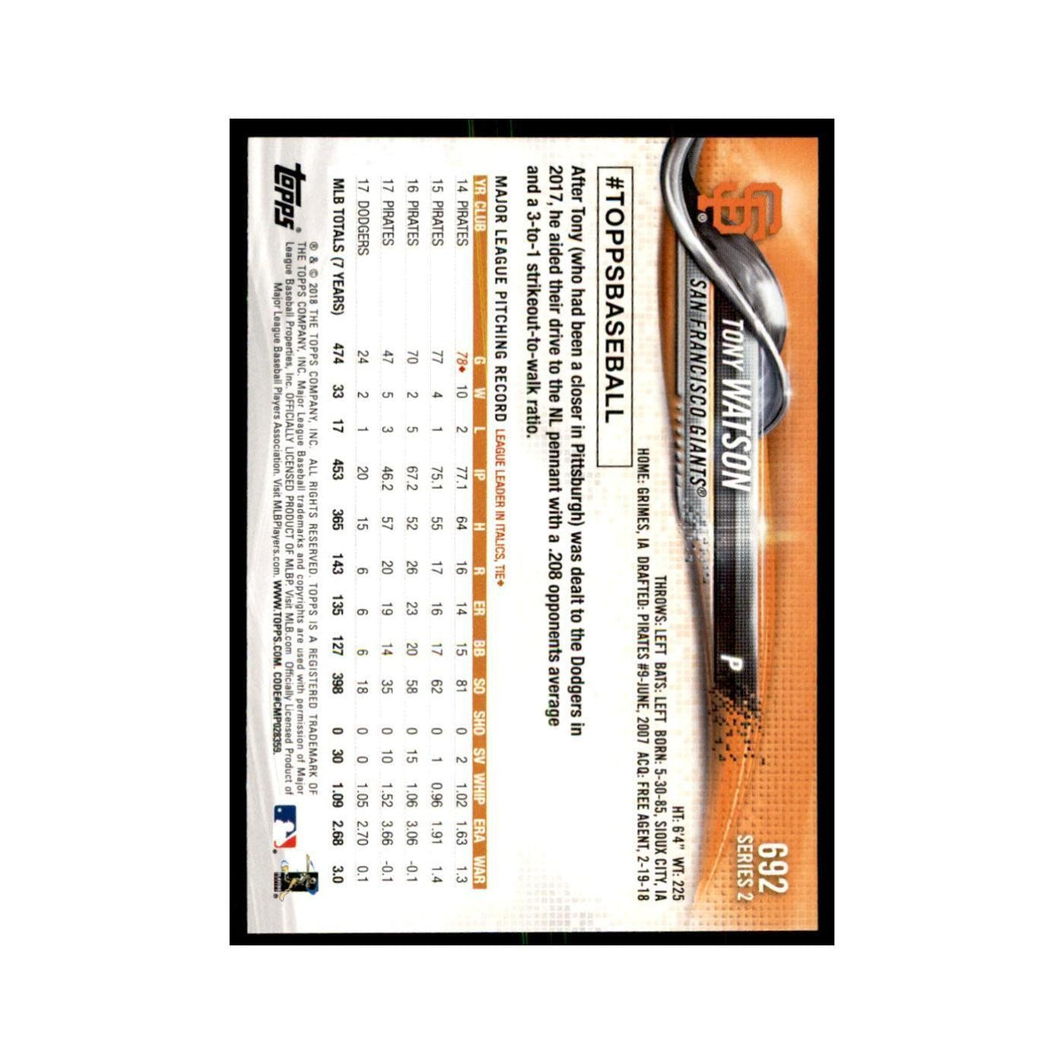 Tony Watson 2018 Topps #692 San Francisco Giants Baseball Card NM