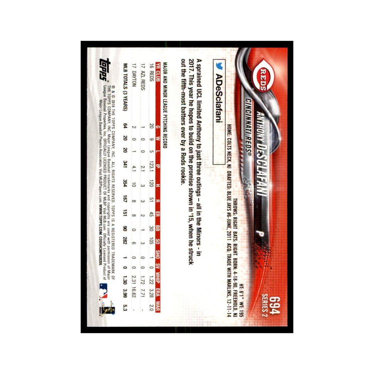 Anthony DeSclafani 2018 Topps #694 Cincinnati Reds Baseball Card NM