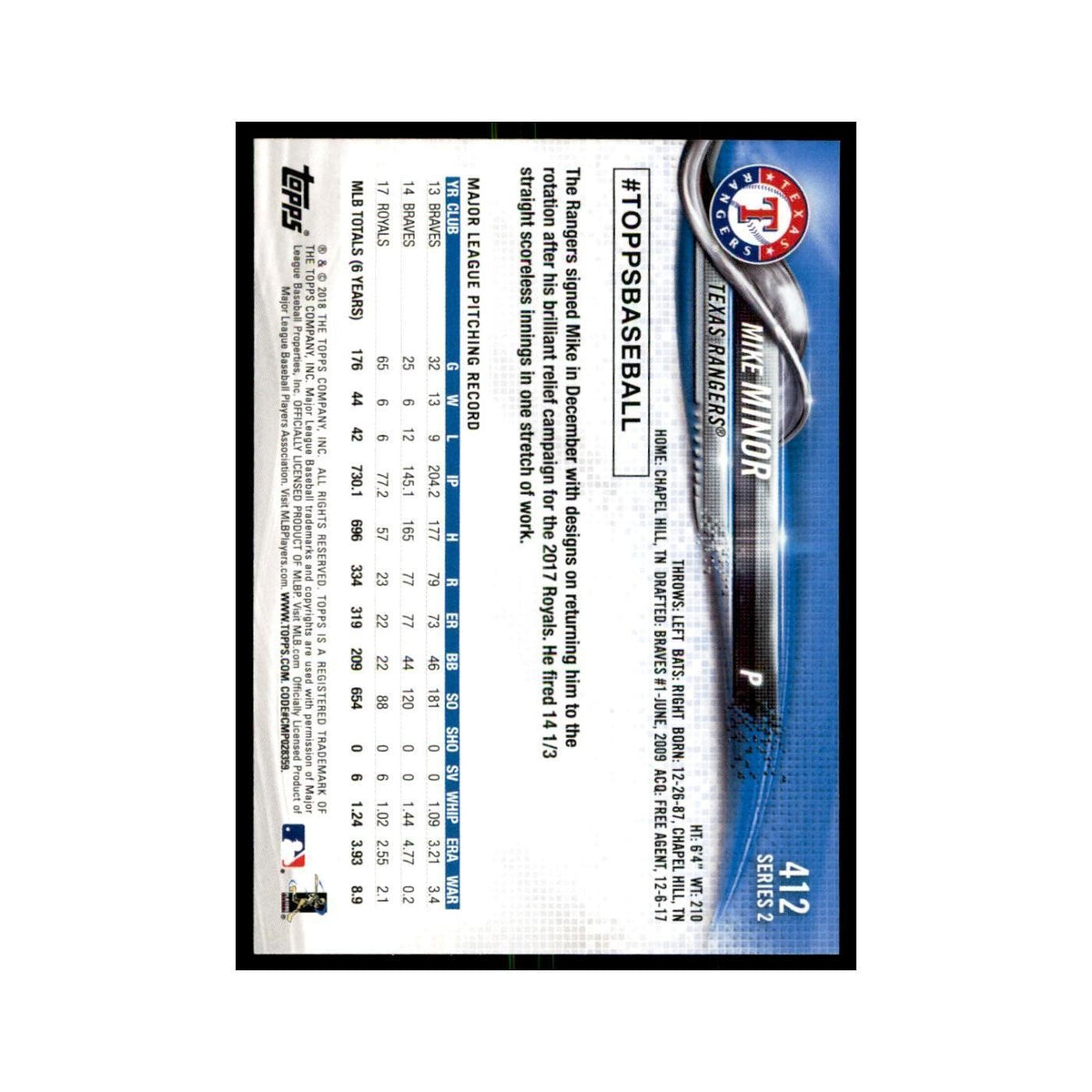 Mike Minor 2018 Topps #412 Texas Rangers Baseball Card NM
