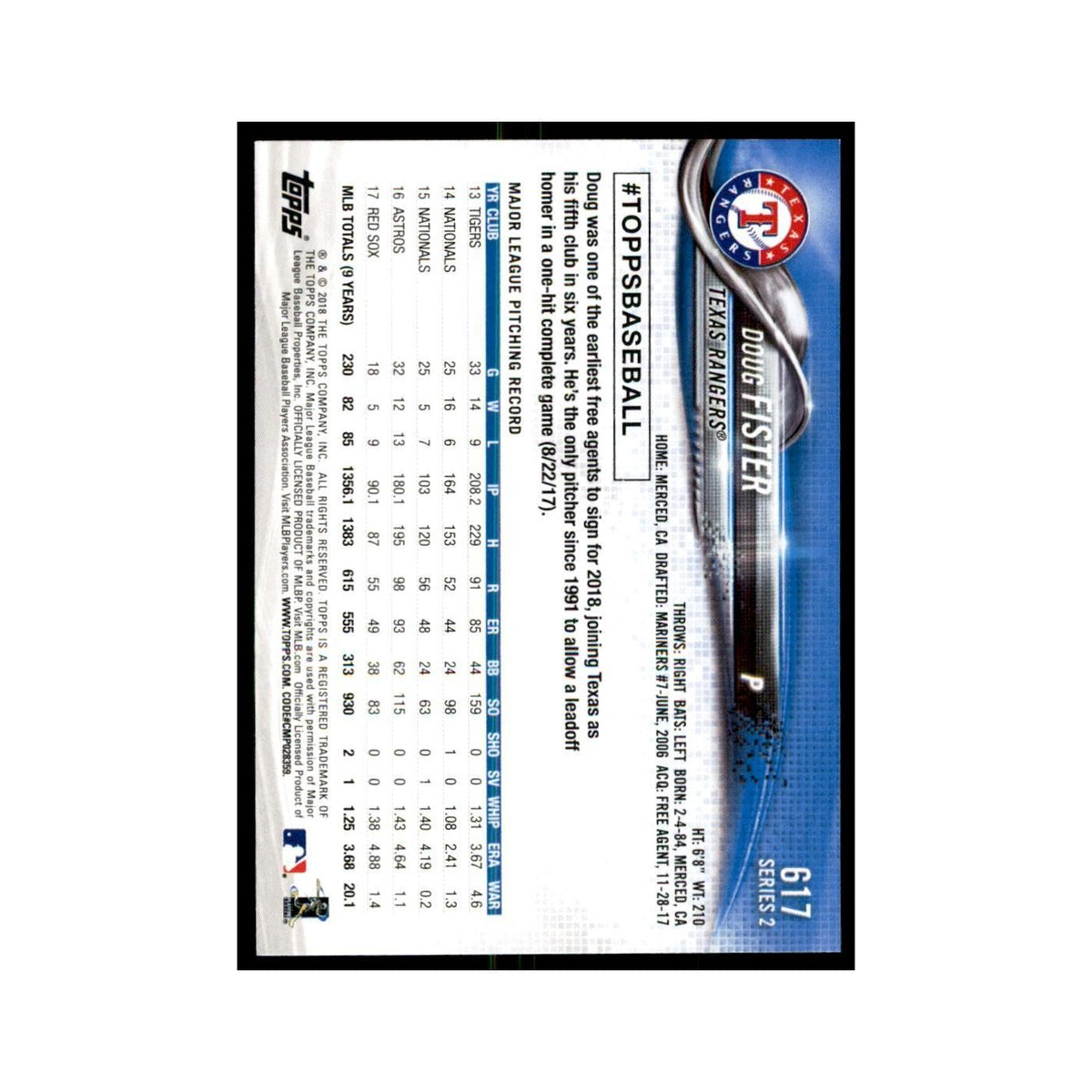 Doug Fister 2018 Topps #617 Texas Rangers Baseball Card NM