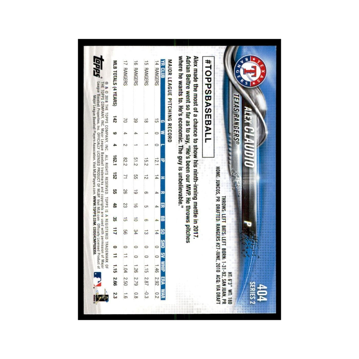 Alex Claudio 2018 Topps #404 Texas Rangers Baseball Card NM