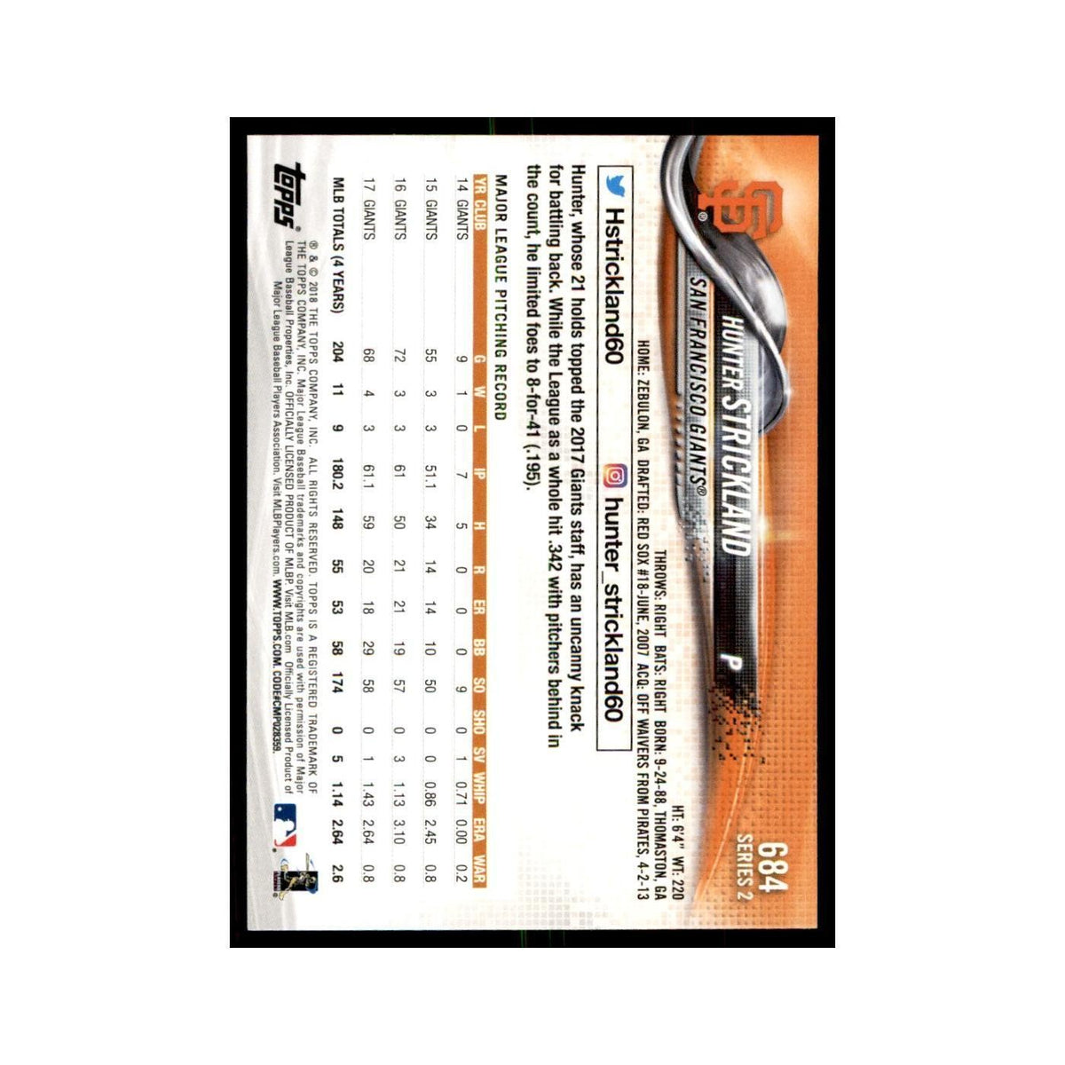Hunter Strickland 2018 Topps #684 San Francisco Giants Baseball Card NM