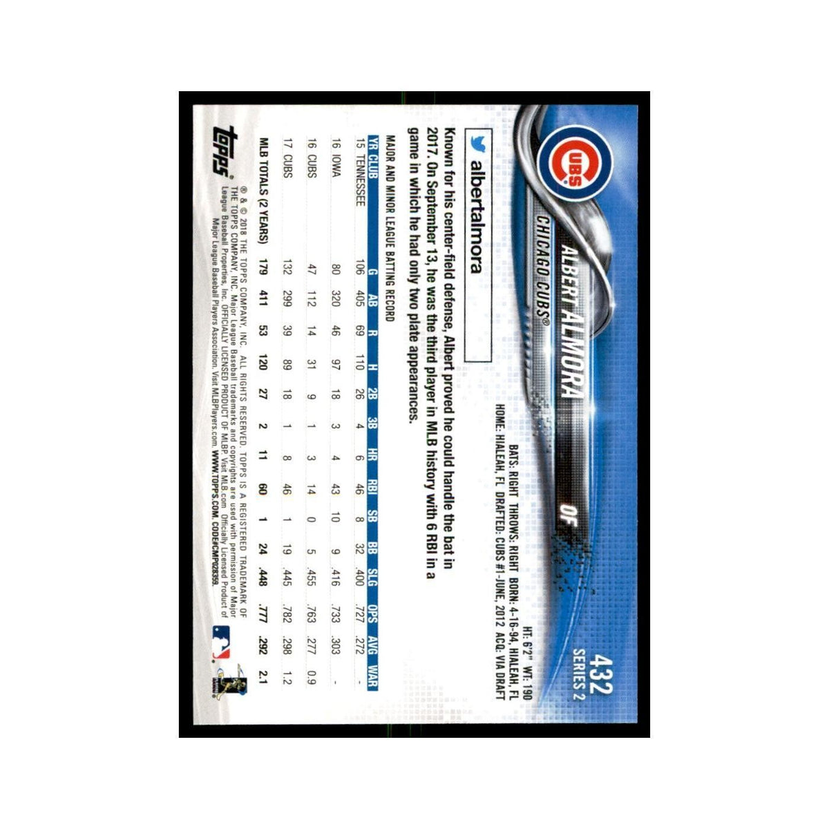 Albert Almora 2018 Topps #432 Chicago Cubs Baseball Card NM