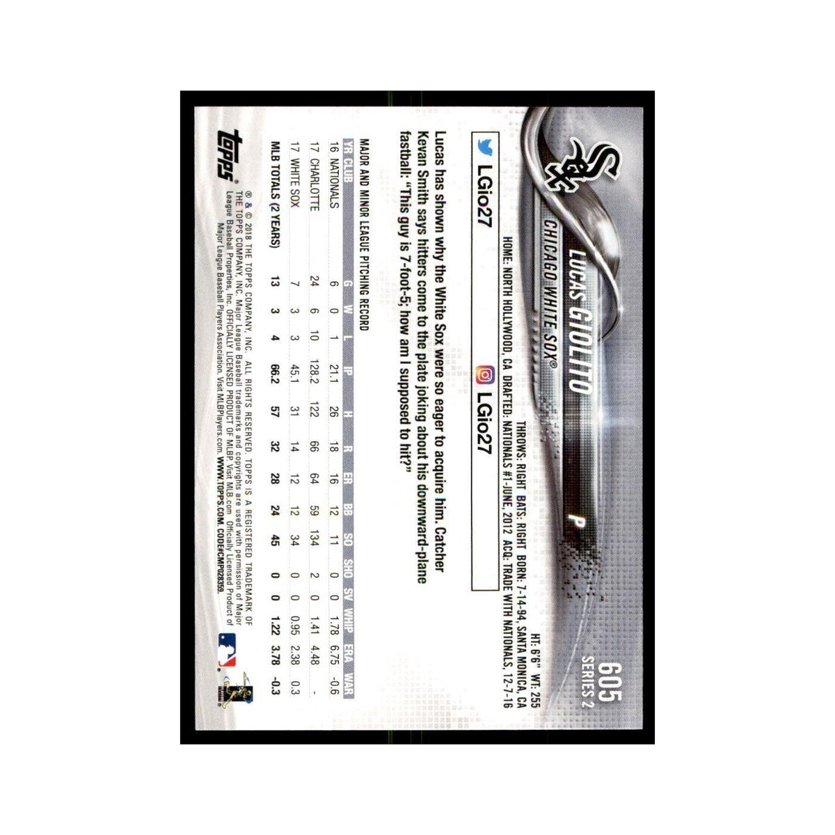 Lucas Giolito 2018 Topps #605 Chicago White Sox Baseball Card NM