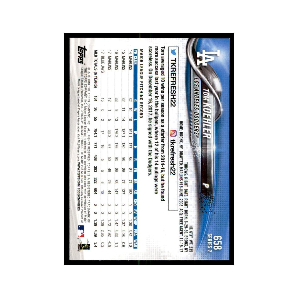 Tom Koehler 2018 Topps #658 Los Angeles Dodgers Baseball Card NM