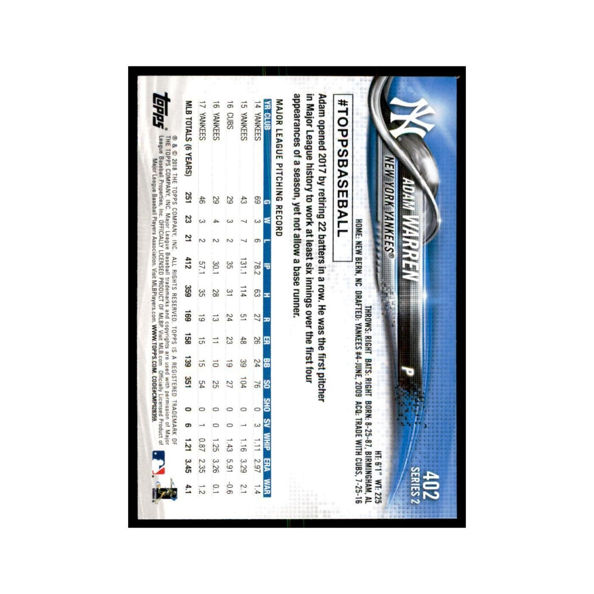 Adam Warren 2018 Topps #402 New York Yankees Baseball Card NM