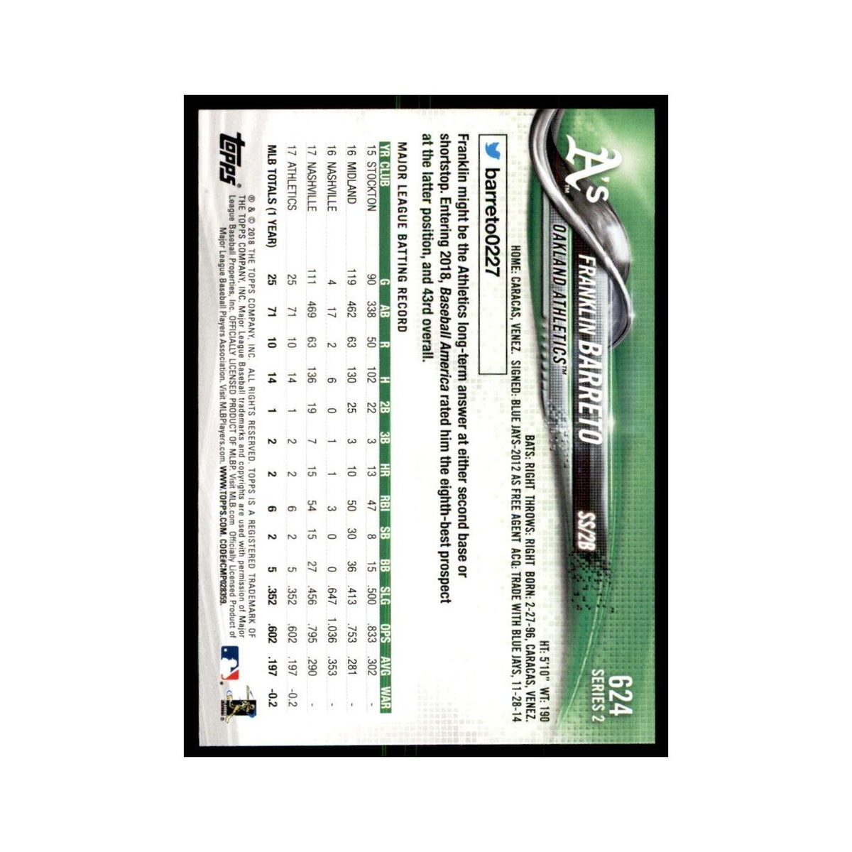 Franklin Barreto 2018 Topps #624 Oakland Athletics Baseball Card NM