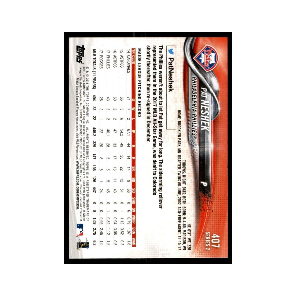 Pat Neshek 2018 Topps #407 Philadelphia Phillies Baseball Card NM