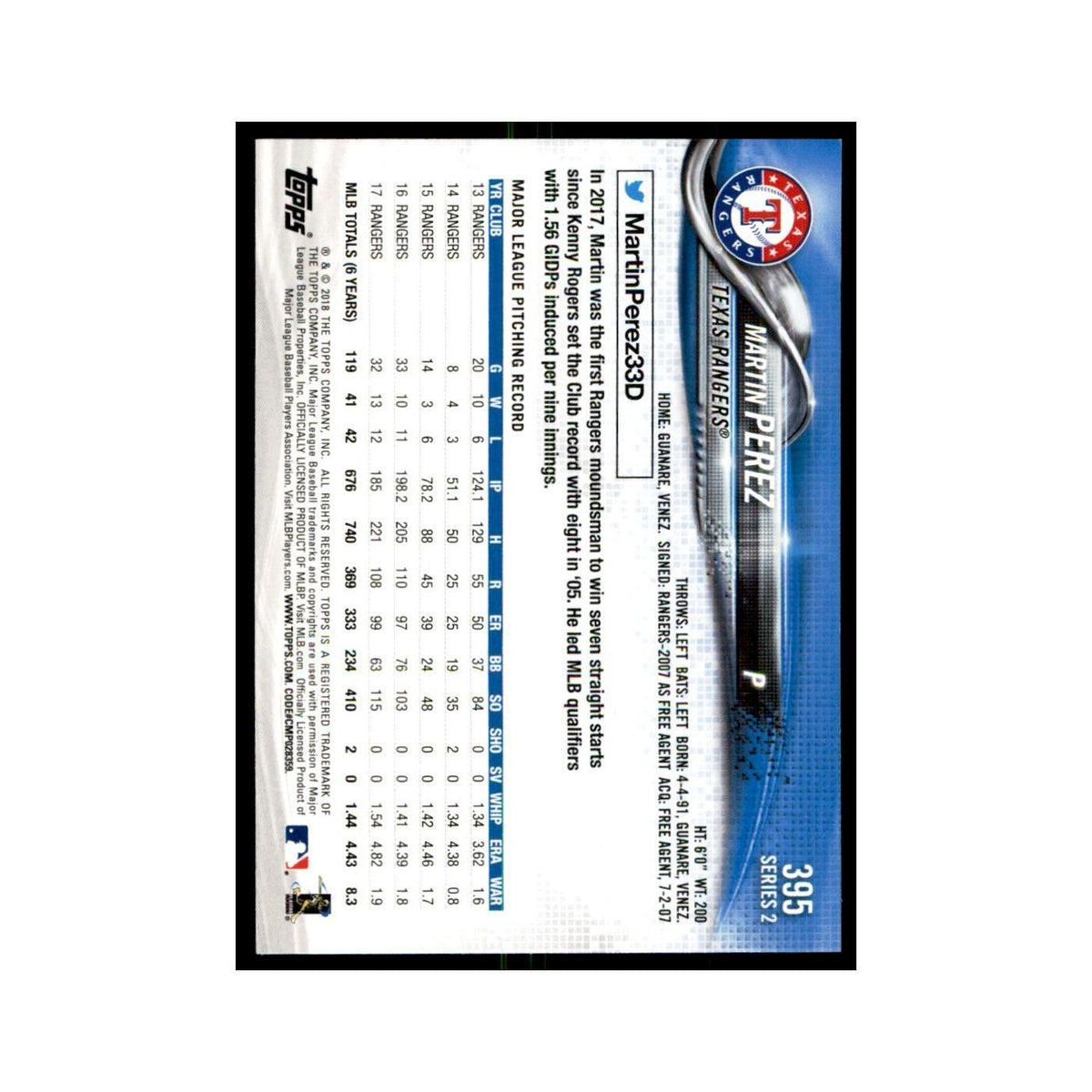Martin Perez 2018 Topps #395 Texas Rangers Baseball Card NM