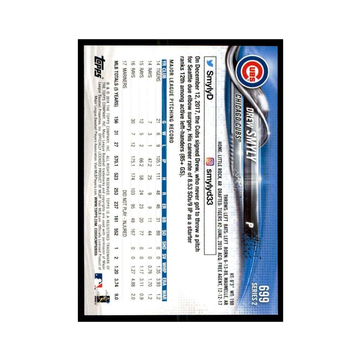 Drew Smyly 2018 Topps #699 Chicago Cubs Baseball Card NM