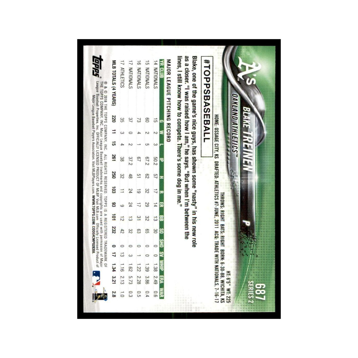 Blake Treinen 2018 Topps #687 Oakland Athletics Baseball Card NM