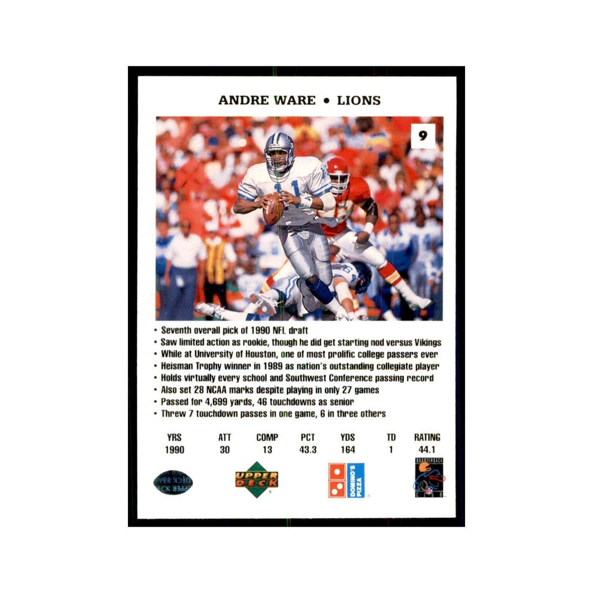 Andre Ware 1991 Upper Deck Domino's #9 Football Cards Football Card NM