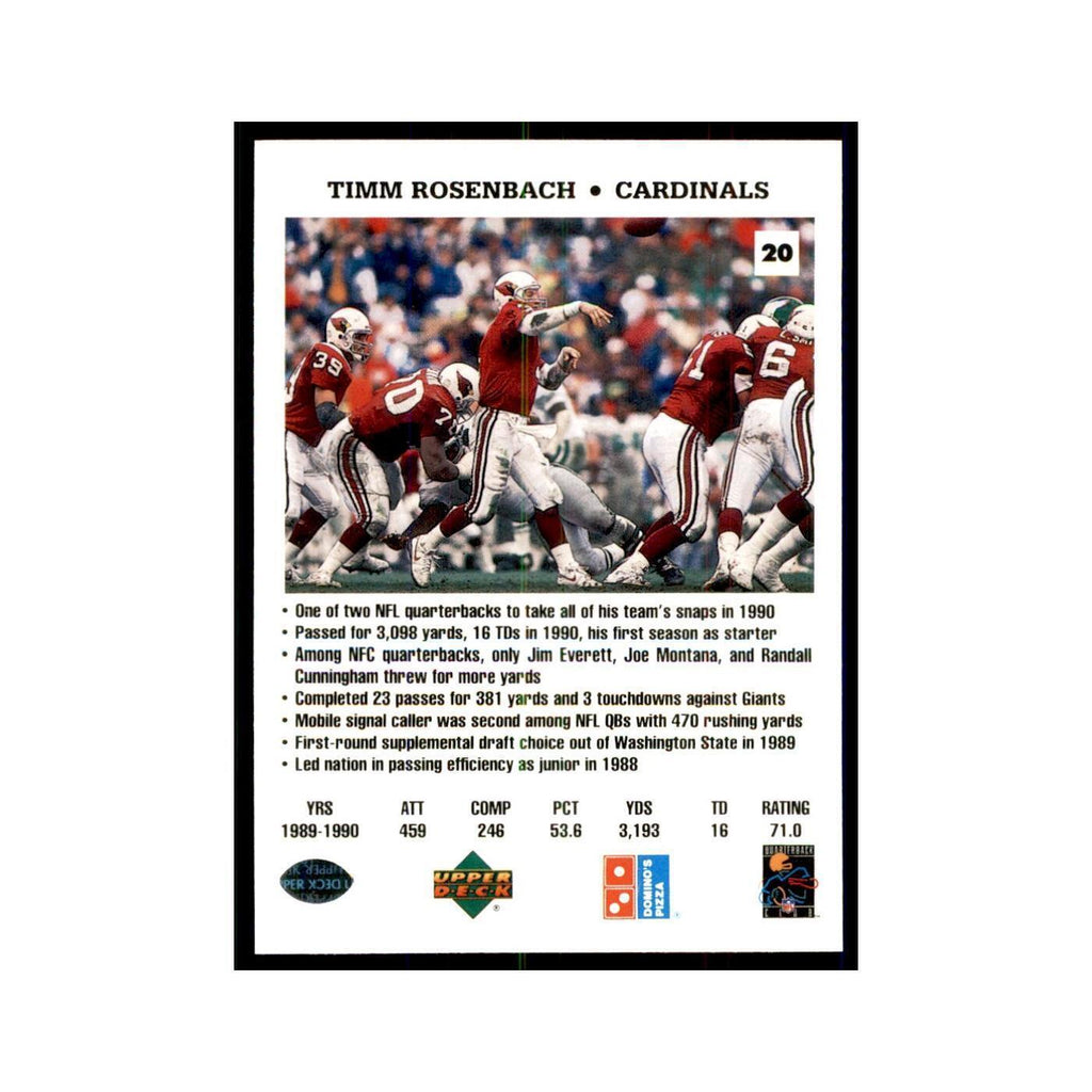 Timm Rosenbach 1991 Upper Deck Domino's #20 Football Cards Football Card NM