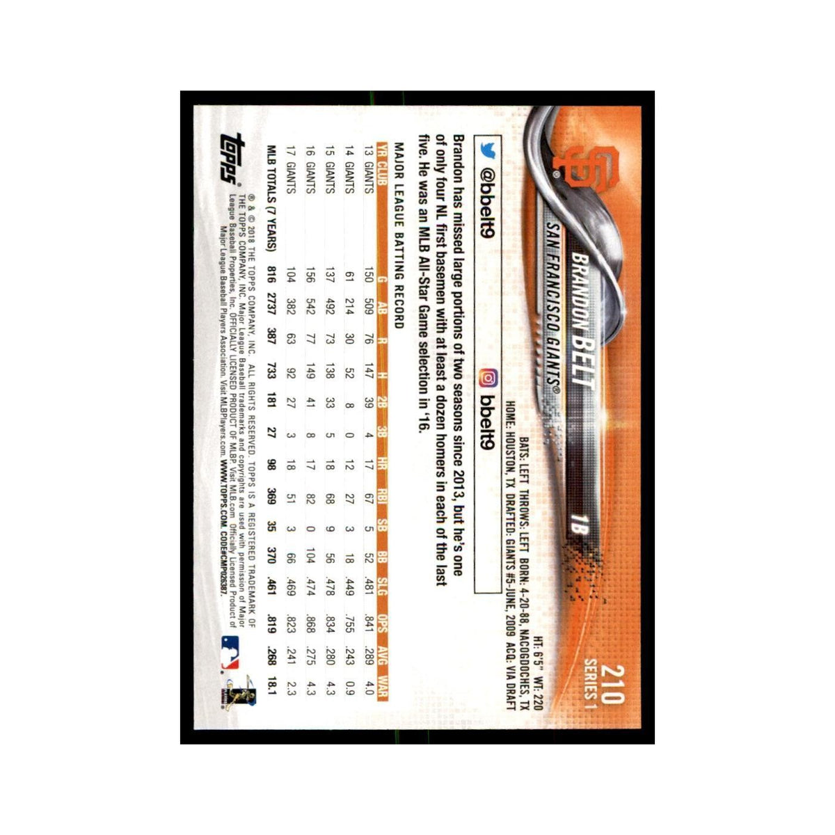 Brandon Belt 2018 Topps #210 San Francisco Giants Baseball Card NM